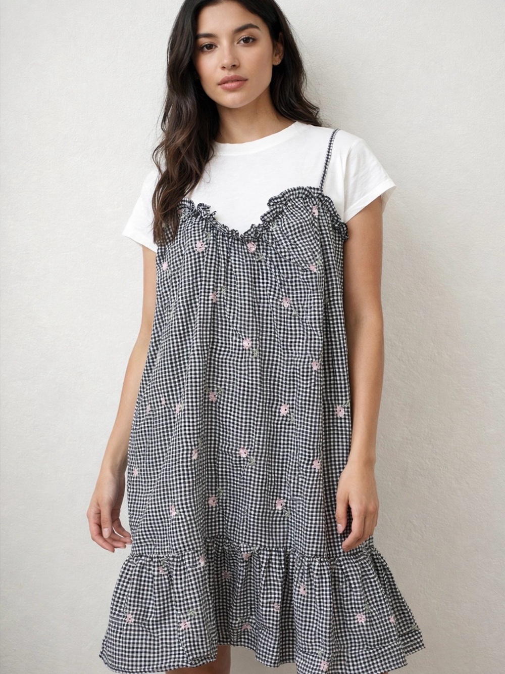POL Floral Gingham Plaid Womens Dress with T-Shirt Size M/L